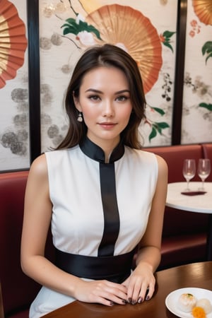 A captivating 30 year old caucasian mix Eurasian beauty, with hazel eyes sparkling like precious gemstones and dark brown hair. wearing a black printed cotton modern mandarin collar dress. seated in a clean and painted white surrounding dim sum restaurant. posing with perfect hand and perfect fingers. location inside a clean white minimum furniture dim sum restaurant in Hong Kong. table with some dim sum.