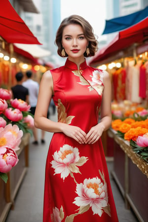 A captivating 30 year old caucasian mix Eurasian beauty, with hazel eyes sparkling like precious gemstones and light brown hair. wearing a modern mandarin collar dress, with red peony floral prints a gold colour fabric. made from silk fabric, full body frontal view with perfect fingers. background at Hong Kong market background with retail stalls.