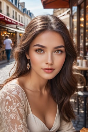 A captivating Eurasian beauty, with hazel eyes shining like gemstones and dark brown hair, sitting at a french cafe on the road side, in front of a charming French bakery. background scenery of a busy French market.