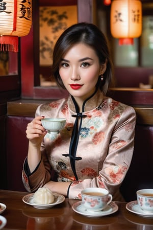 A captivating 30 year old caucasian mix Eurasian beauty, with hazel eyes sparkling like precious gemstones and dark brown hair. wearing a printed cotton modern mandarin collar jacket with short skirt. seated in a vintage old dim sum tea house holding a chinese tea cup with perfect hand and fingers. inside a rustic dim sum restaurant in Hong Kong. table with some dim sum.