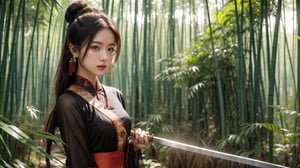 1girl, solo, long hair, looking at viewer, black hair, hair ornament, long sleeves, dress, holding, jewelry, upper body, weapon, earrings, sword, hair bun, holding weapon, sash, leaf, facial mark, holding sword, chinese clothes, single hair bun, nature, forest, forehead mark, bamboo, falling leaves, bamboo forest