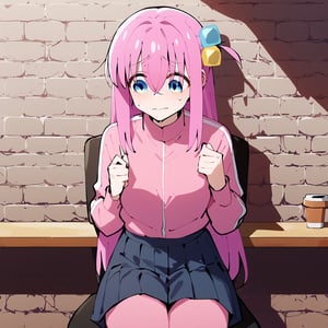  score_9, score_8_up, score_7_up, score_6_up, score_5_up, score_4_up, 1girl, solo, hitori gotou, blue eyes, cube hair ornament, hair between eyes, hair ornament, pink hair, one side up, long hair, black skirt, jacket, long sleeves, pants, pants under skirt, pink jacket, pink pants, pleated skirt, skirt, track jacket, track pants, track suit, large breats, sweat, nervous, complex background, sitting, chair, desk, against_wall, bricked wall, coffee, (front view, facing viewer),