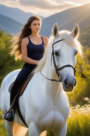 A young girl, radiant with beauty, sits confidently on her majestic white horse, mane flowing in the wind. The sun casts a warm glow on their figures, highlighting the gentle curves of the girl's face and the horse's muscular build. The composition is centered around the duo, with lush greenery and distant mountains serving as a picturesque backdrop.