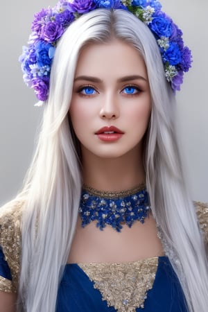 1girl, solo, long hair, looking at viewer, blue eyes, hair ornament, dress, upper body, flower, white hair, parted lips, hair flower, lips, realistic,Indian 