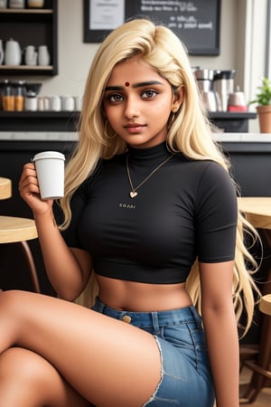 lovely cute young attractive indian teenage girl in a black crop top,  23 years old, cute, an Instagram model, long blonde_hair, colorful hair, winter, sitting in a coffee shop, ,Indian