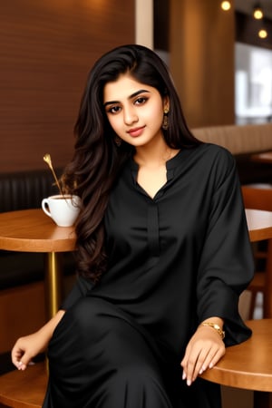 Pakistani girl 20 year old, innocent face, Hot looks, black hair, black eyes sitting in coffee shop wearing Shalwar kameez