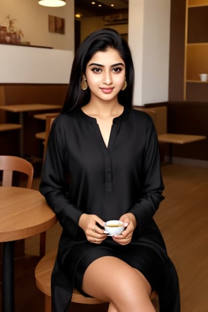 Pakistani girl 23 year old, innocent face, Hot looks, black hair, black eyes sitting in coffee shop wearing tight Shalwar kameez, 