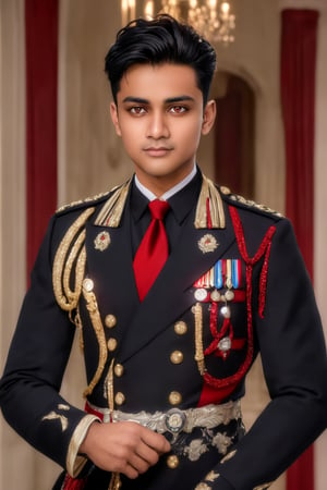 (masterpiece, best quality, highres:1.3), ( young handsome Indian man, black hair, short hair, red eyes, glowing eyes, levi ackerman hairstyle,)  gloves, long sleeves, closed mouth, upper body, male focus, necktie, black gloves, belt, blurry, uniform, coat, military, military uniform, buttons, blurry background, swim wear ,1boy
