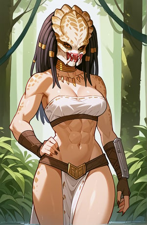 muscular female, with medium breast, lean body, sexy thigh, sexy waist, thick thigh, wearing strapless blouse and loin cloth,seductive_pose, looking sideways,yautja,predator \(franchise\)