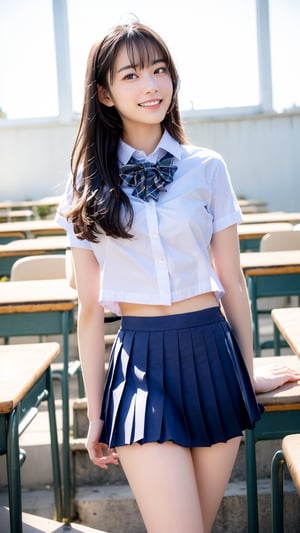 high school student,18 yo, sole_female, (very long hair:1.3), (blunt bang), (school_uniform), white shirt, plaid pleated skirt, black loafers, white cotton socks, plaid bow tie, standing in the classroom, vibrant color, natural lighting, Best Quality, 32k, masterpiece, photorealistic, ultra-detailed, finely detailed, high resolution, beautiful detailed eyes, cowboy_shot, smile, front pose, Bomi,Nice legs and hot body