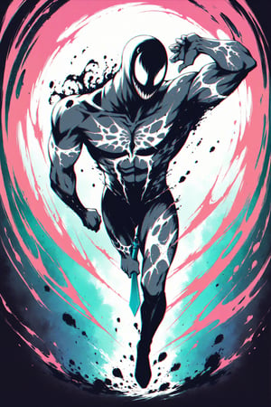 midshot, cel-shading style, centered image, ultra detailed illustration of Venom posing, ((Full Body)), (tetradic colors), ((inkpunk)), ((ink lines)), ink splatter, strong outlines, art by MSchiffer, bold traces, unframed, high contrast, cel-shaded, vector, 4k resolution, best quality, (chromatic aberration:1.8)