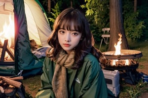 (Masterpiece, best quality, photorealistic, high resolution, 8K raw photo), whole body, 1 girl, solo, beautiful young girl, 18yo, long hair, (brown hair hair, bangs:1.3), camping night, 1girl solo sitting on a log, look at the camping fire, there’s a campfire nearby, she is roasting marshmallow with a stick, nighttime, dim and calming atmosphere, lush green woods, wearing camping clothes with jacket and scarf,More Detail,cyber_room  