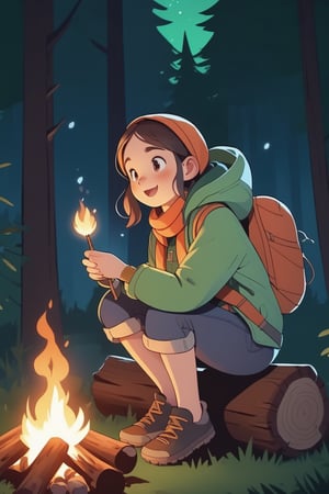 camping night, one girl sitting on a log, there’s a campfire nearby, she is roasting marshmallow with a stick, nighttime, dim and calming atmosphere, lush green woods, wearing camping clothes with jacket and scarf,Haunter_Pokemon