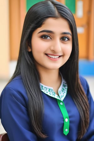 Pakistani Girl 19 Years Old , Black Hair , Green Ayes, Dimple Smile  Wearing School Uniform Blue Kameez White Shalwar ,sitting Chair School Blurry Background,