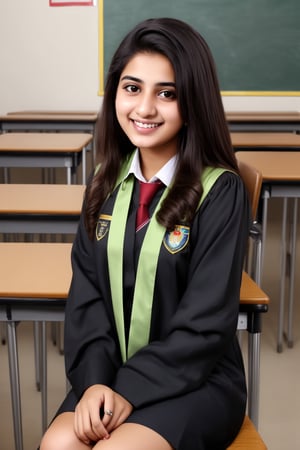 Pakistani girl 20 year old, innocent face, smile on face, black hair, black eyes sitting in school wearing University Uniform