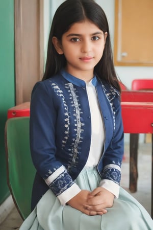 Beautiful Pakistani Girl 18 Years Old , Black Hair , Black Ayes, Sindhi Ajrak Weaning School Uniform Blue Kameez White Shalwar ,sitting Chair School Blurry Background,