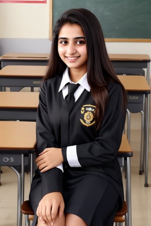 20 year old Pakistani girl, innocent face, smile on face, black hair, black eyes sitting in school wearing school uniform