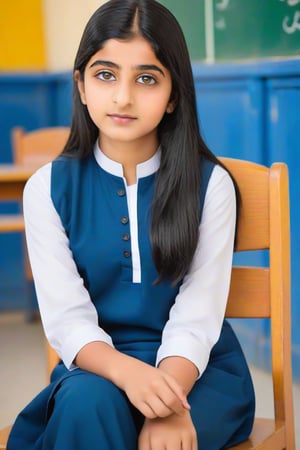 Pakistani Girl 19 Years Old , Black Hair , Black Ayes, Weaning School Uniform Blue Kameez White Shalwar ,sitting Chair School Blurry Background,
