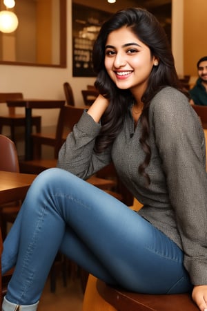 Pakistani girl 20 year old, innocent face, laughing, black hair, black eyes sitting in coffee shop wearing Jeans kameez