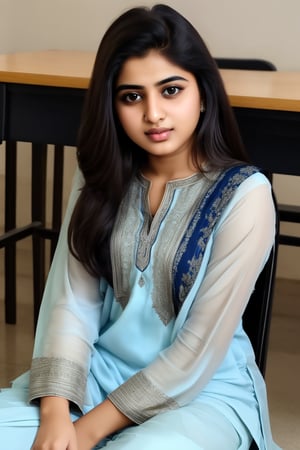 Pakistani girl 20 year old, innocent face, confused, black hair, black eyes sitting in school wearing Blue Shalwar White Kameez