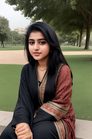 Pakistani girl 20 year old, innocent face, Hot looks, black hair, black eyes sitting in Public park wearing Blochi dress