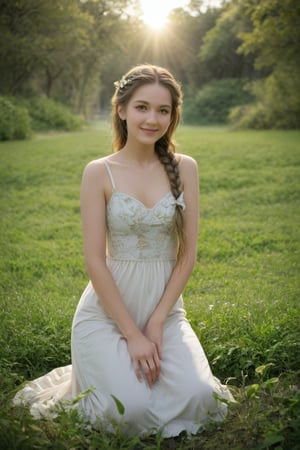 A youthful girl with a gentle smile sits on a lush green hillside, surrounded by blooming wildflowers. She wears a flowing white dress and has her long hair tied back in a loose braid. The warm sunlight casts a golden glow on her skin as she gazes out at the breathtaking landscape before her.