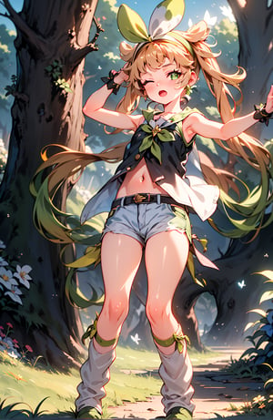 1girl, solo, long hair, looking at viewer, blush, open mouth, bangs, blonde hair, shirt, twintails, green eyes, full body, flower, hairband, outdoors, one eye closed, shorts, sleeveless, socks, arms up, tree, black shorts, grass, bug, butterfly, mushroom