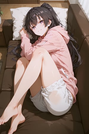 alone, 1 girl, the girl lying on the couch sofa, 1 girl, alone, barefoot, lying, couch, face down, long hair, white miniskirt, ponytail, black hair, feet, hoodie, pink hoodie, pants white shorts, wooden floor, Suou Yuki, best quality purple eyes, long hair, black hair, hair between the eyes, brown eyes, sly look, mischievous smile, bottomless, view from below, yuki