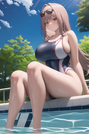 bathing suit. sitting on the edge of the pool with her feet in the water. 