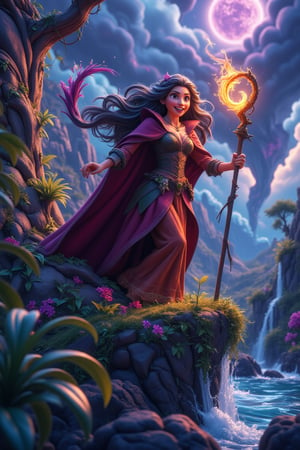 A misty storm brews around the enigmatic sorceress as she stands at the edge of a cliff, her staff aglow with elemental forces. Earthly roots sprout from her feet, anchoring her to the land. Wind whips through her long hair like a tempestuous serpent, while flames dance upon her fingertips, casting flickering shadows on the rocks below. Water mist swirls around her, as if the very essence of the storm was coalescing within her grasp. The sorceress's eyes burn with an inner intensity, channeling the raw powers of nature to wield against the turbulent skies.cartoon art