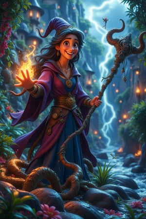 A misty storm brews around the enigmatic sorceress as she stands at the edge of a cliff, her staff aglow with elemental forces. Earthly roots sprout from her feet, anchoring her to the land. Wind whips through her long hair like a tempestuous serpent, while flames dance upon her fingertips, casting flickering shadows on the rocks below. Water mist swirls around her, as if the very essence of the storm was coalescing within her grasp. The sorceress's eyes burn with an inner intensity, channeling the raw powers of nature to wield against the turbulent skies.cartoon art