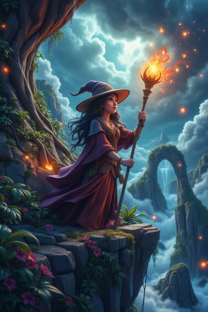 A misty storm brews around the enigmatic sorceress as she stands at the edge of a cliff, her staff aglow with elemental forces. Earthly roots sprout from her feet, anchoring her to the land. Wind whips through her long hair like a tempestuous serpent, while flames dance upon her fingertips, casting flickering shadows on the rocks below. Water mist swirls around her, as if the very essence of the storm was coalescing within her grasp. The sorceress's eyes burn with an inner intensity, channeling the raw powers of nature to wield against the turbulent skies.