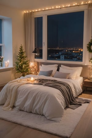 a modern day Elven bedroom, big panoramic windows, a fireplace. The bed is a haven of softness, with layers of plush blankets and fluffy duvets beckoning to be nestled into, midnight outside. Cosy atmosphere with fairy lights and ambient lighting. Professional photography, cinematic, high detail