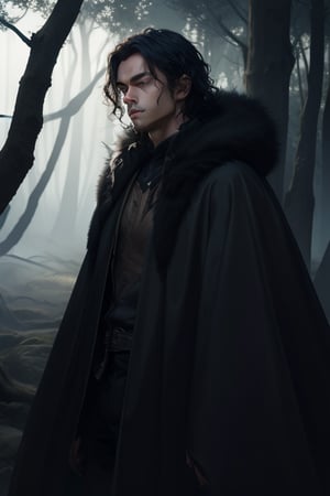 A windswept boy with dark wavy hair blowing past his shoulders stands tall in a mystical forest, his striking golden amber eyes burning with an intense, mesmerizing gaze. His sharp angular features and prominent jawline are illuminated by the soft glow of ethereal horns curved from his forehead, which radiate a gentle light amidst the darkness. He wears a flowing black fur cloak that billows behind him like a dark cloud, as he stands before a backdrop of twisted tree branches and ancient ruins. The air is heavy with mist.