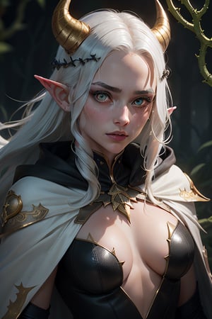  (1 girl), stark white hair with interwoven black thorny vines, glowing otherworldly gold eyes with emerald fire, delicate elfin features, high cheekbones, upturned nose, sharp pointed chin, white cloak, black curved horns from forehead, faintly shimmering frost-dusted skin, magical fantasy, dark fantasy, dramatic lighting