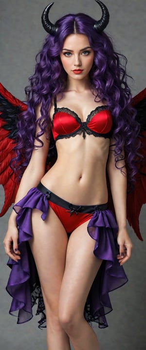A girl with long purple curly hair, red underwear and black horns and big wings, perfect feet, perfect hands,