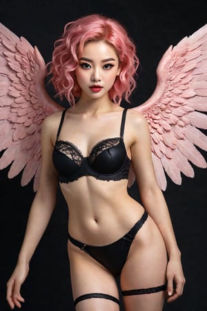 A young woman, with pink hair, with parts on her face, and hair behind her, with a full body, with red underwear, and large black wings, hyperrealistic skin with defects on her skin,Perfect feet, hyperrealistic hands, with curly hair Young man with European features