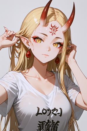 1girl, lolo,ibaraki_douji_(fate), long_hair, horns, solo, blonde_hair, yellow_eyes, shirt, oni_horns, jewelry, facial_mark, oni, earrings, pointy_ears, tattoo, white_shirt, looking_at_viewer, forehead_mark, fingernails, slit_pupils, short_sleeves, holding_hair, t-shirt, very_long_hair, sharp_fingernails, grey_background, closed_mouth, cowboy_shot, clothes_writing, collarbone