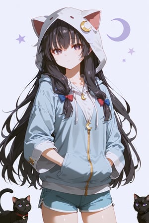 1 girl, alone, patchouli_knowledge, crescent_hair_topper, hood, crescent_moon, hair_topper, long_hair,, simple_background, shorts, looking_at_viewer, animal_hood, alternative_costume, white_background, bangs, long_sleeves, cowboy_shot, blunt_bangs, hoodie, closed_mouth, hoodie, blue_shorts, jacket, shorts_shorts, cat_hood, zipper, wide_sleeves, slit pupils, expressionless, ponytail, purple eyes,hair between eyes,half updo, long hair, black hair,yuki suou