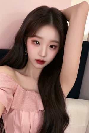 closeup, selfie, model, kpop, idol, wonyoung, cutie, A young girl with long dark wavy hair, Her makeup is subtle with pink lips and well-defined eyes, She is dressed in an elegant, off-the-shoulder, pink, sheer fabric top,