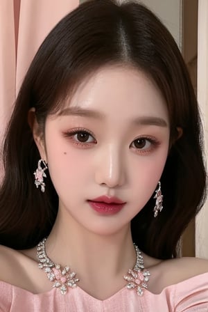 closeup, selfie, kpop, idol, wonyoung, cutie, A young girl with long dark wavy hair, She is wearing silver earrings and a delicate necklace, Her makeup is subtle with pink lips and well-defined eyes, She is dressed in an elegant, off-the-shoulder, pink, sheer fabric top,