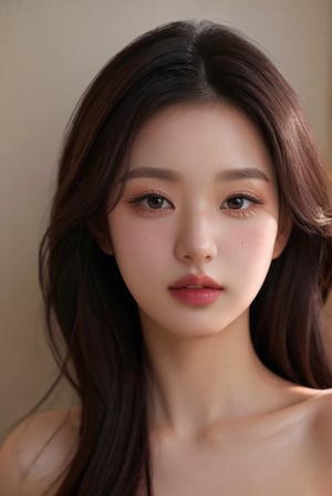 extremely detailed face and eyes, best quality masterpiece, extremely detailed, ultra-detailed, (realistic, photo-realistic:1.3), extremely detailed skin, looking at viewer, portrait, upperbody, model, kpop, idol, A young girl with long dark wavy hair, Her makeup is subtle with pink lips and well-defined eyes, wearing a white ribbed top underneath, which is slightly off her shoulders. She has a neutral expression, looking directly at the camera.