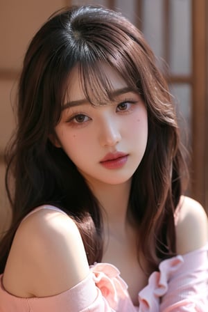 extremely detailed face and eyes, best quality masterpiece, extremely detailed, ultra-detailed, (realistic, photo-realistic:1.3), extremely detailed skin, looking at viewer, portrait, upperbody, model, kpop, idol, aegyo-sal, A young girl with bangs long dark wavy hair, Her makeup is subtle with pink lips and well-defined eyes, She is dressed in an elegant, off-the-shoulder, pink, sheer fabric top, She has a neutral expression, looking directly at the camera.