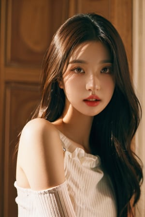 extremely detailed face and eyes, best quality masterpiece, extremely detailed, ultra-detailed, (realistic, photo-realistic:1.3), extremely detailed skin, looking at viewer, portrait, upperbody, model, kpop, idol, A young girl with long dark wavy hair, Her makeup is subtle with pink lips and well-defined eyes, wearing a white ribbed top underneath, which is slightly off her shoulders. She has a neutral expression, looking directly at the camera.