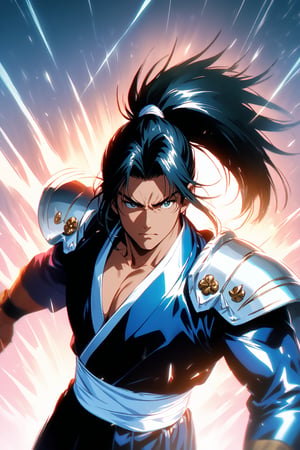 Gennosuke Fujiki, stands ready for battle, dressed in a traditional Japanese kimono with visible muscles on his shoulders and chest. He grips a gleaming katana tightly, with a resolute and determined expression on his face. His hair is tied into a high ponytail, adding to his dynamic and disciplined appearance. The setting should evoke the vibrant and nostalgic style of 1980s anime, with bright colors and bold lines. The background can feature a dramatic, action-packed scene that emphasizes the intensity of the moment. The overall aesthetic should reflect the classic animation style of the 1980s, with vivid hues and strong contrasts.niji6,A powerful samurai warrior stands ready for battle, dressed in a traditional Japanese kimono with visible muscles on his shoulders and chest. He grips a gleaming katana tightly, with a resolute and determined expression on his face. His hair is tied into a high ponytail, adding to his dynamic and disciplined appearance. The setting should evoke the vibrant and nostalgic style of 1980s anime, with bright colors and bold lines. The background can feature a dramatic, action-packed scene that emphasizes the intensity of the moment.
