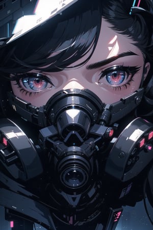 1girl, solo, long hair, breasts, looking at viewer, monochrome, upper body, ponytail, weapon, gun, semi-rimless eyewear, rifle, zipper, chromatic aberration, cybernetic_enhancements
A woman in a sleek black spacesuit sits expressionless in a futuristic cockpit, framed by a 9:16 composition. The cityscape outside features tall buildings and a cloudy sky, rendered in black and white manga style with cyberpunk elements. In the foreground, detailed mechanical and electronic devices occupy the space around her. She gazes straight ahead, her face a mask of calm determination. The lighting is dimly lit, with accents of blue and red from the cockpit's instrumentation. The atmosphere is tense, as if she's waiting for something to happen.,cyberpunk,cybergirl, Tifa Lockhart