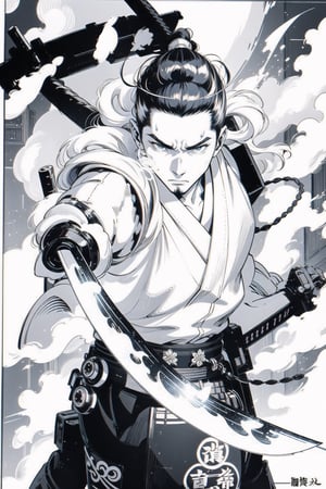 A powerful samurai warrior, Gennosuke Fujiki, stands ready for battle, dressed in a traditional Japanese kimono with visible muscles on his shoulders and chest. He grips a gleaming katana tightly, with a resolute and determined expression on his face, maintaining his unique facial features. His hair is tied into a high ponytail, adding to his dynamic and disciplined appearance. The setting should evoke a cyberpunk aesthetic, with neon lights, futuristic cityscape, and high-tech elements blending with traditional Japanese architecture. The background can feature a night scene with glowing billboards and holograms, creating a striking contrast between the ancient warrior and the advanced technology.,Niji6_style_lora_by_niolas