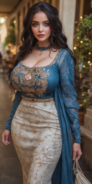 (masterpiece, best quality, ultra-detailed, 8K),high detail, realisitc detailed, a beautiful young mature arabic women slight fat curvy body with long flowy black hair over shoulders in the dark, weraing a full tight Long Sleeve Floral Printed Sheath outfit walking in the shopping mall holding two bags in her hands,action scene,  blue eyes, pale soft skin, kind smile, glossy lips, a serene and contemplative mood, setting on the top of the mountain, ,red lips,hd makeup,Indian,(blue eyes)(temptaation shy manner),Russian skin,xyzsanbridaldress