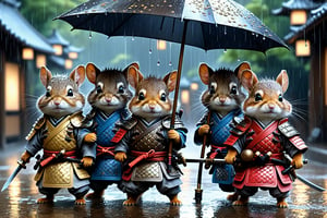 Hyper-detailed  painting, Jean-Baptiste Monge style, a gang of cute samurai little squirels gathered in the rain under an samurai armor, splash, glittering, cute and adorable, filigree, lights, fluffy, magic, surreal, fantasy, digital art, ultra hd, hyper-realistic illustration, vivid colors,  UHD, cinematic perfect light,greg rutkowski