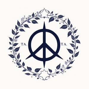 logo_emblem,Helvetica Bold_text:TA, a pentagram,peace symbol,leaf print.